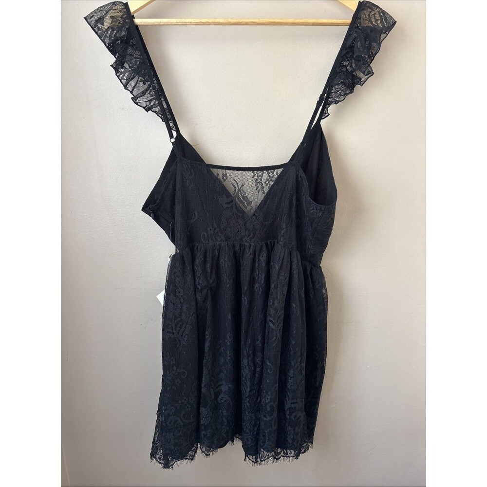 Tobi Black Lace Mini Dress Womens L NWT Ruffle Sleeve V Neck Fit Flare - Picture 7 of 10